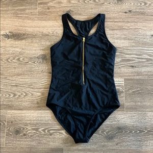 Black Racerback Suit w/ Gold Zipper Detail